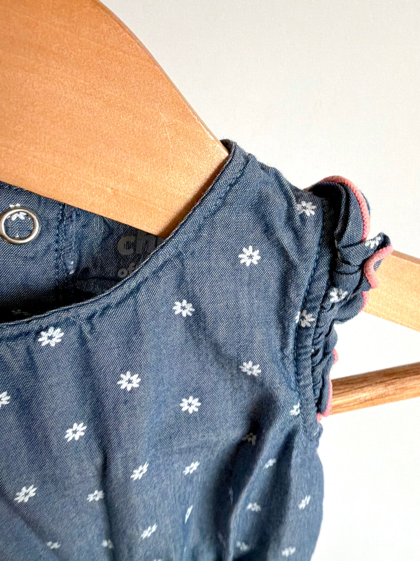 Chambray Pink Trim Floral Jumpsuit / 0-3m