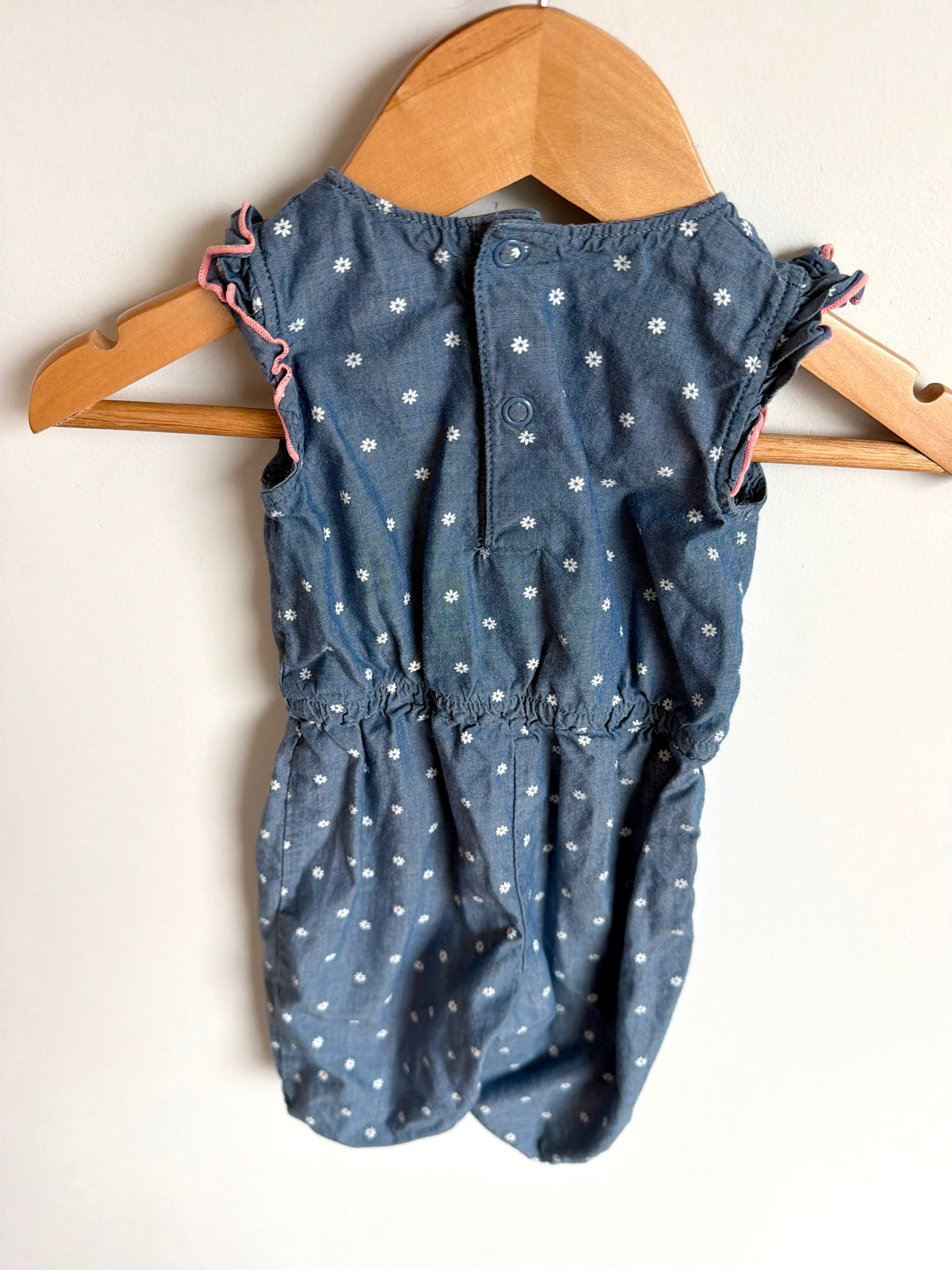 Chambray Pink Trim Floral Jumpsuit / 0-3m
