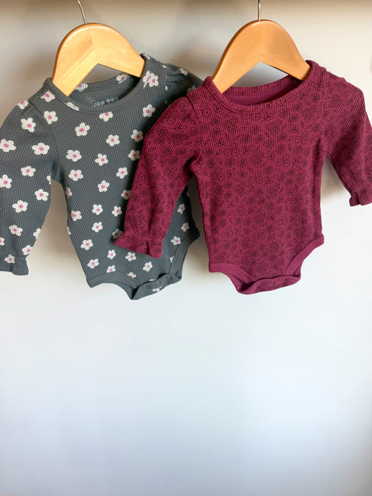 Set of 2 Waffle Knit Bodysuits - Grey Daisy + Maroon / 3m