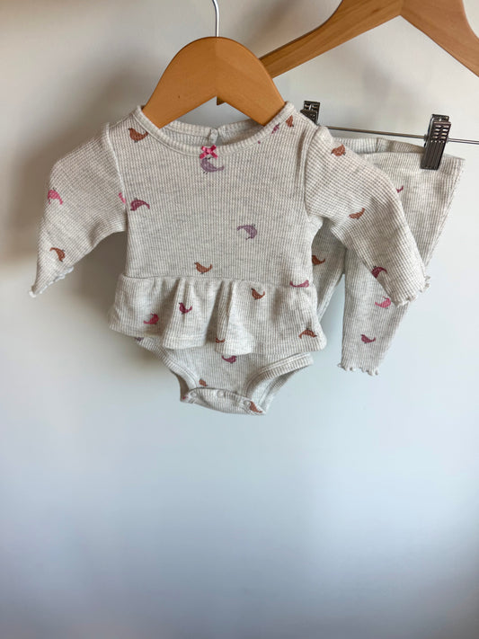Grey Waffle Knit Bird Bodysuit Dress + Pants Set / 3m