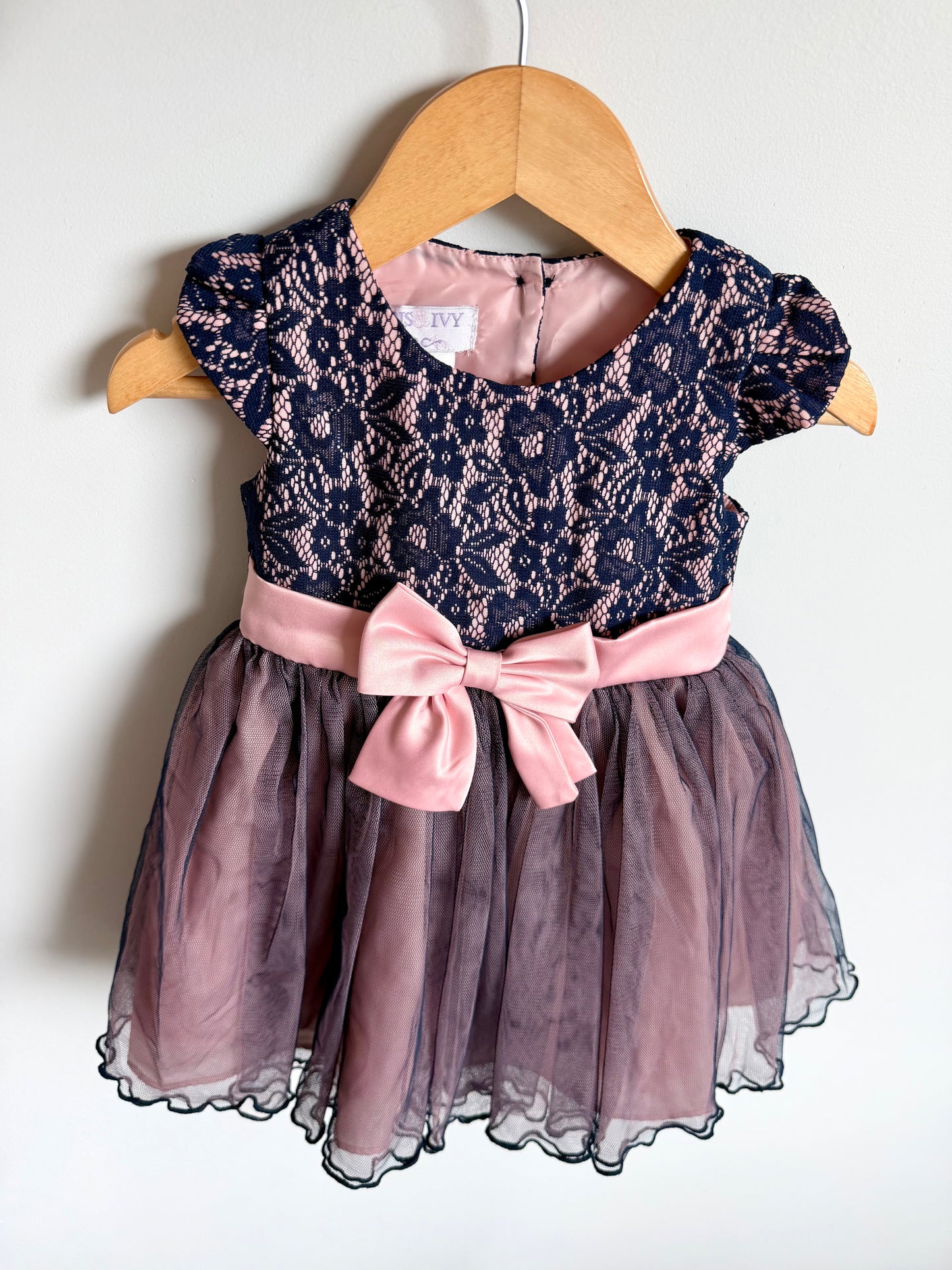 Pink + Dark Lace Tulle Dress with Bow / 18m
