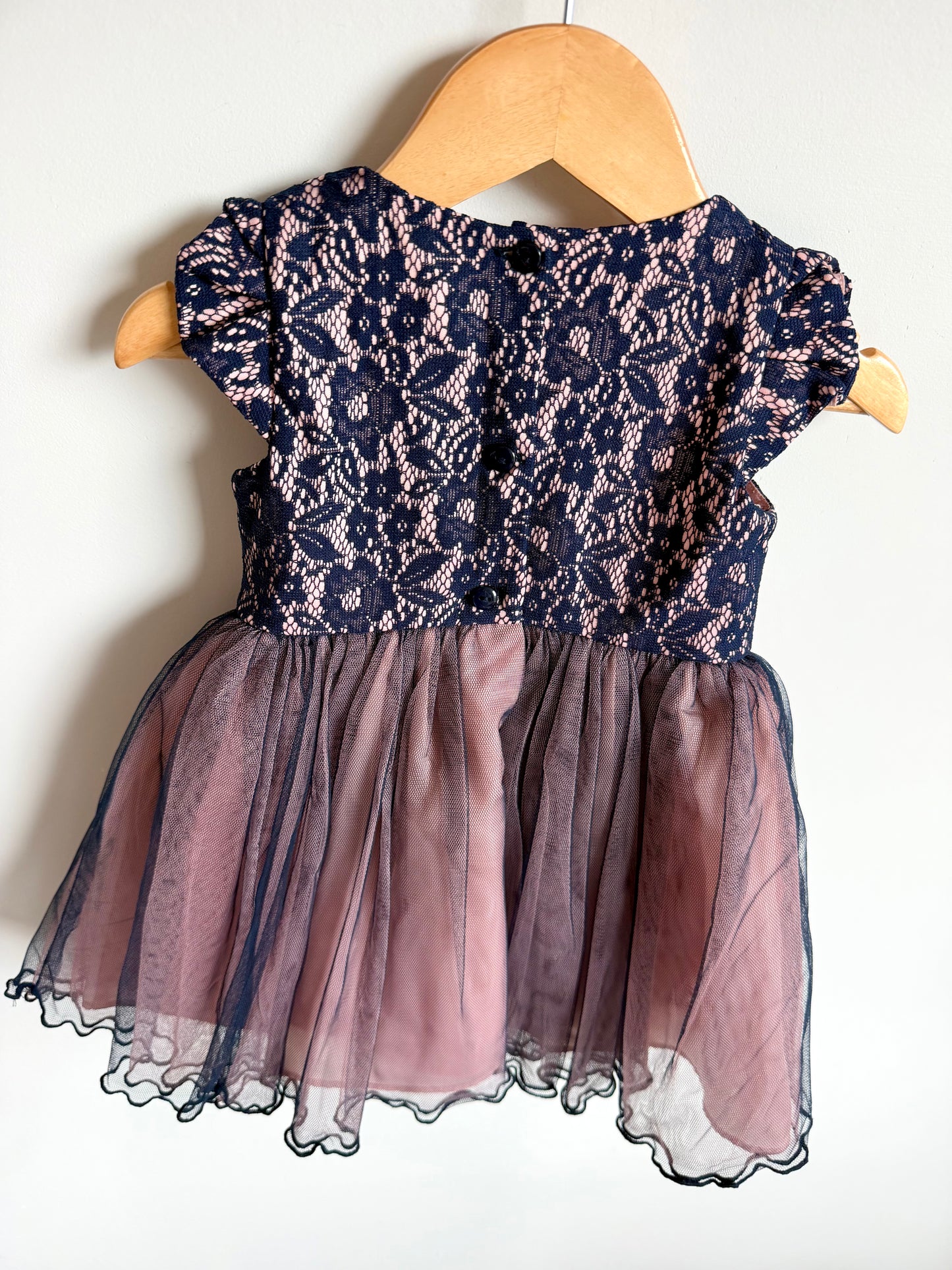 Pink + Dark Lace Tulle Dress with Bow / 18m