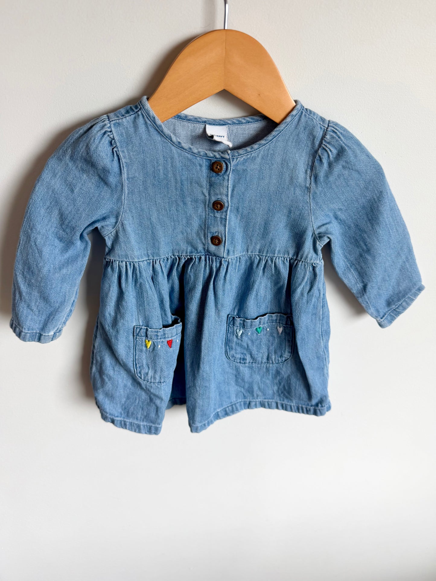 Embroidered Heart Pocket Long Sleeve Dress / 6-12m