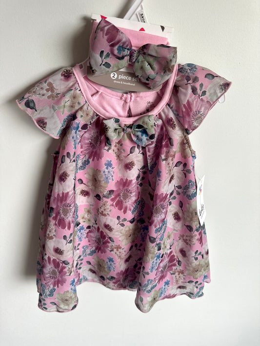 Pink Floral Dress with Headband (With Tags) / 24m