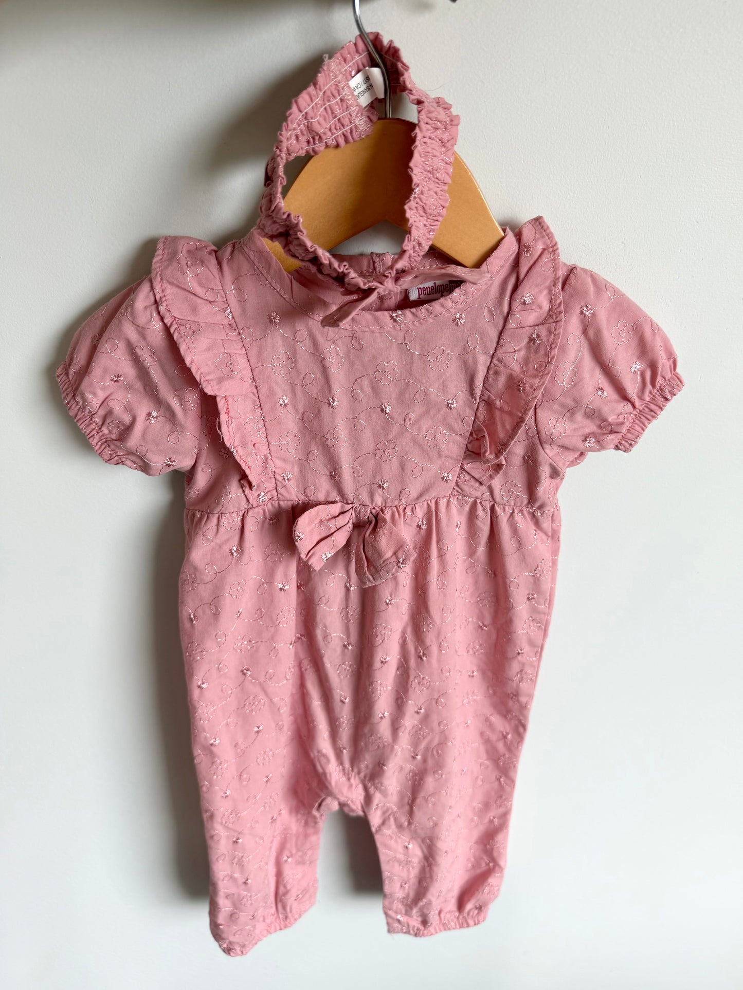 Pink Embroidered Jumpsuit with Headband / 9-12m