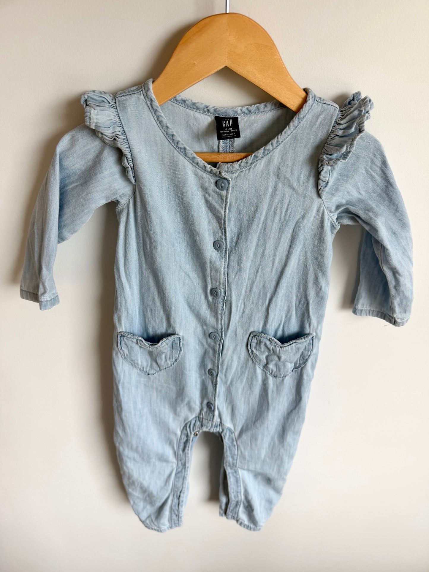 Gap Long Sleeve Denim Heart Pocket Jumpsuit / 12-18m