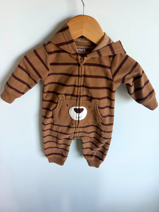 Fleece Tan Striped Bear Jumpsuit / 3m