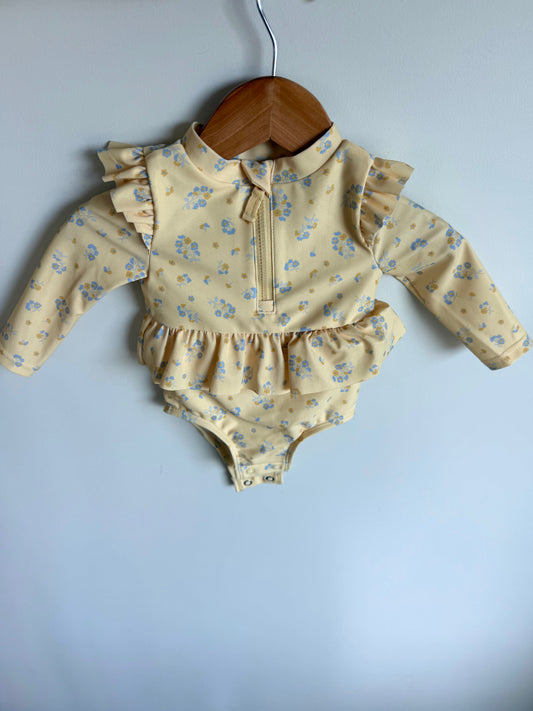 Yellow Floral Half Zip Swimsuit / 3-6m