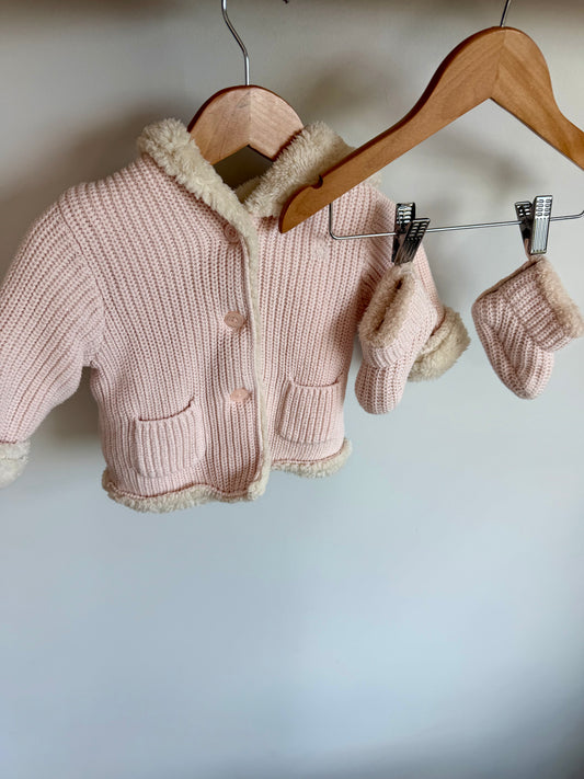 Gap Pink Knit Faux Fur Lined Hooded Cardigan + Boots Set / 6-12m