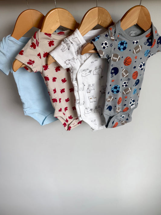 Ball Sport, Farm Animals, Leaf + Blue  Bodysuits (4) / 3-6m
