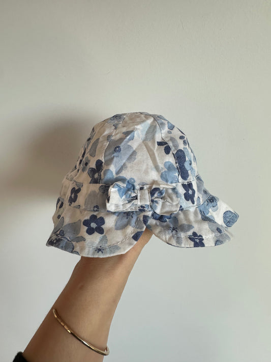 Blue Floral Bow Sun Hat / 0-3m