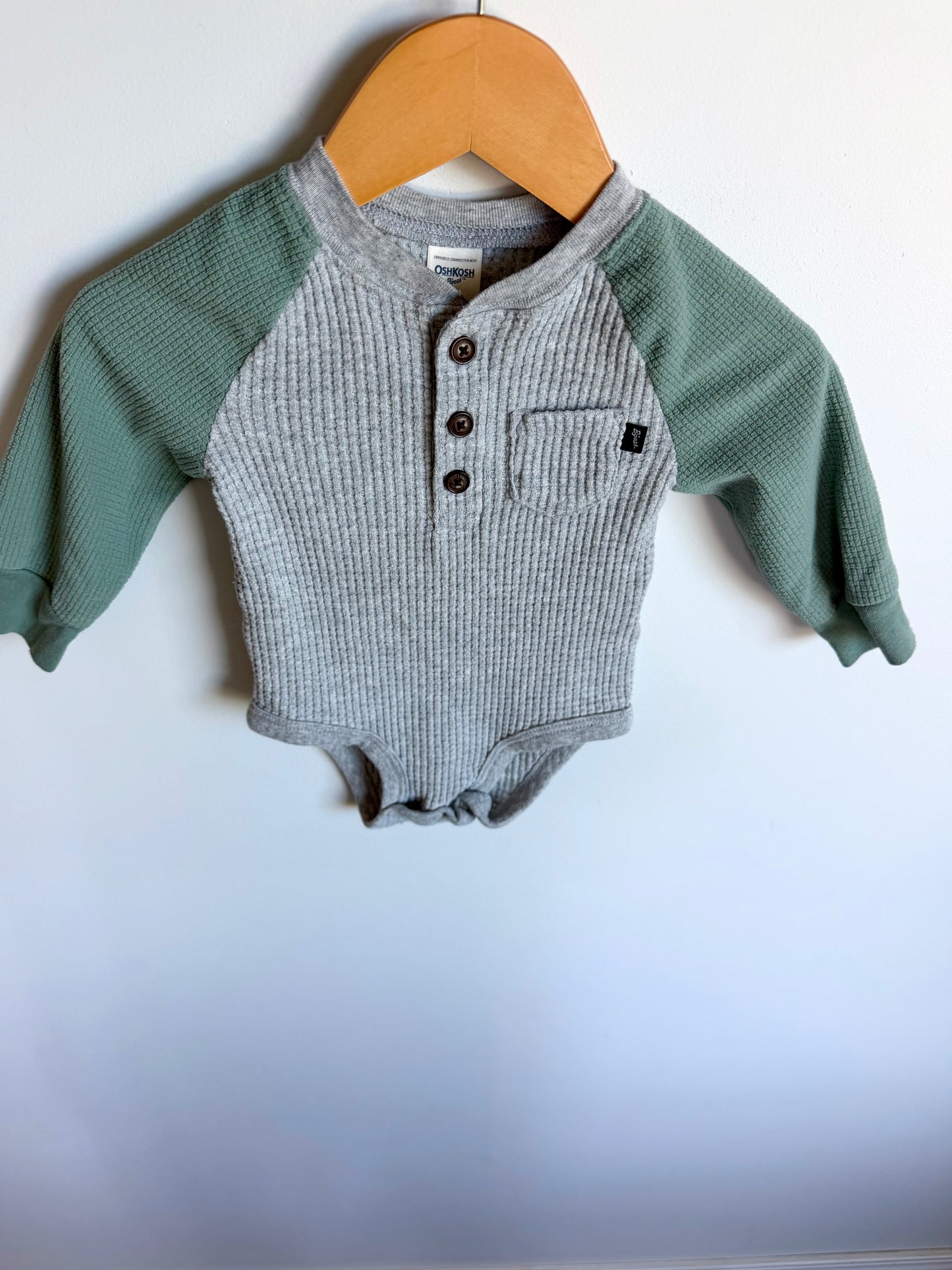 Green + Grey Waffle Long Sleeve Bodysuit / 6m