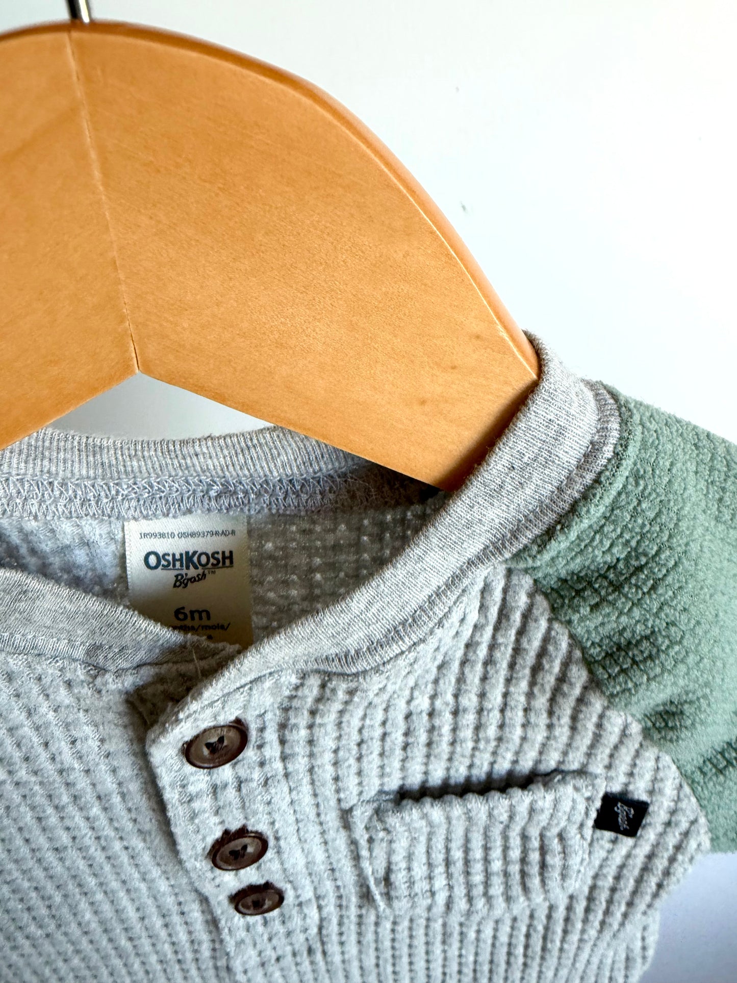 Green + Grey Waffle Long Sleeve Bodysuit / 6m