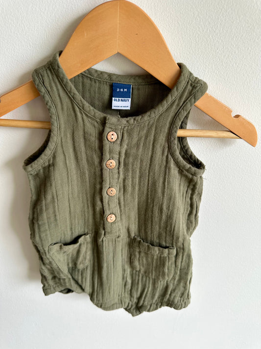 Olive Muslin Romper / 3-6m