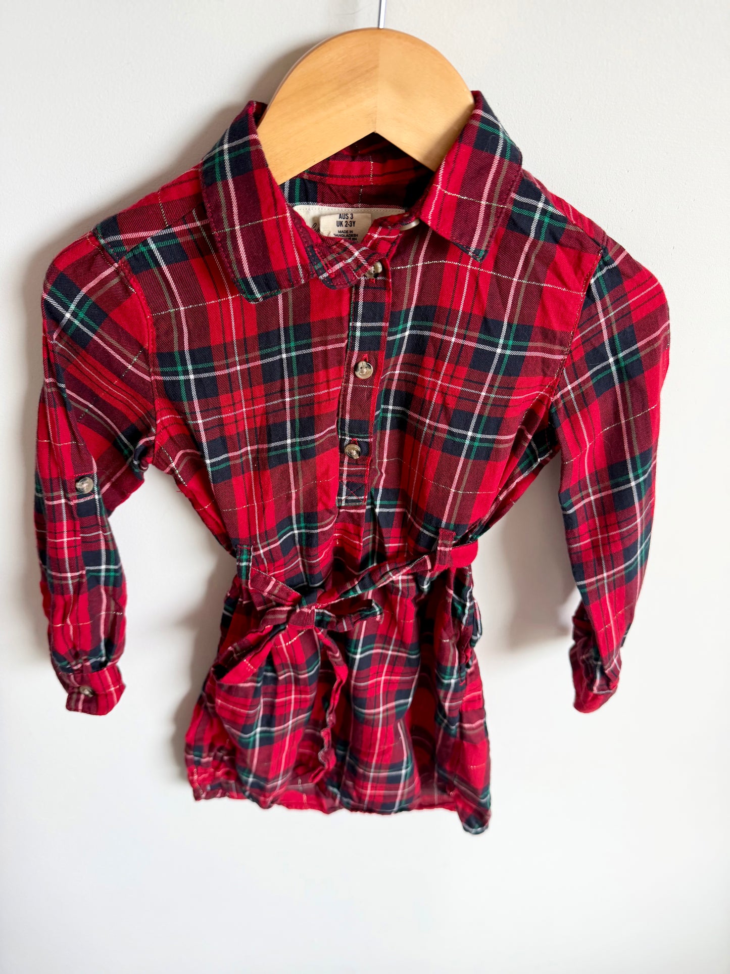 Plaid with Shimmer Red Belt Dress / 2-3T