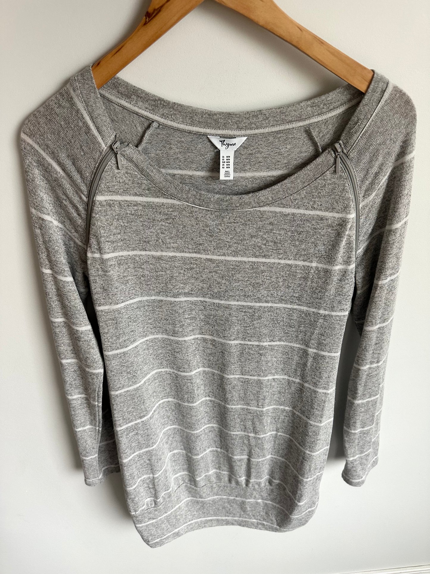 Thyme Grey Striped Maternity Long Sleeve with Zippers / Medium
