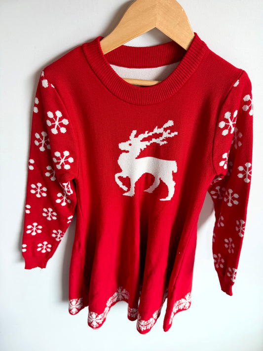 Red Knit Reindeer Long Sleeve Dress / 11-12 years