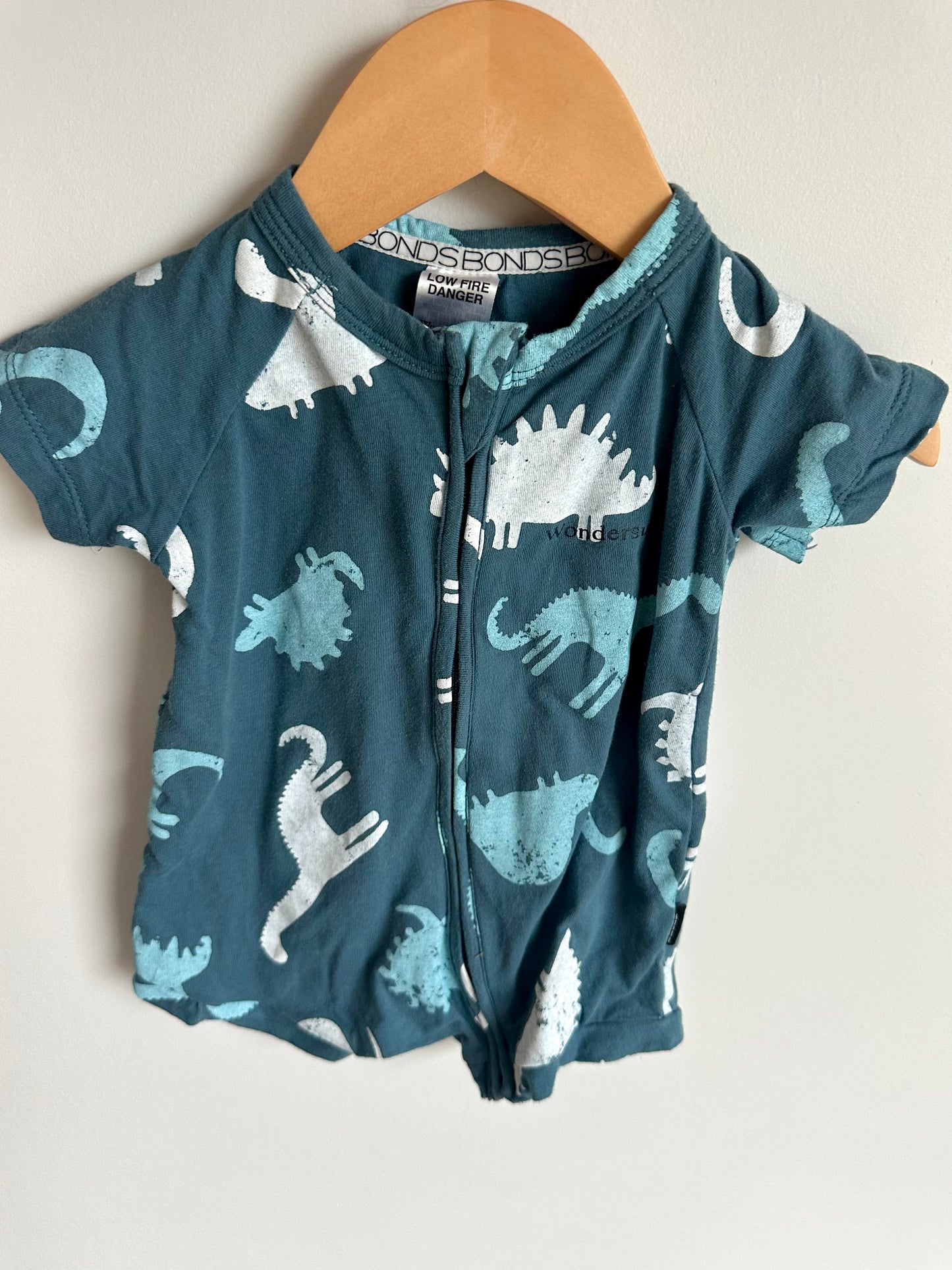 Bonds Short Sleeve Dino Tie Blue Romper / 3-6m