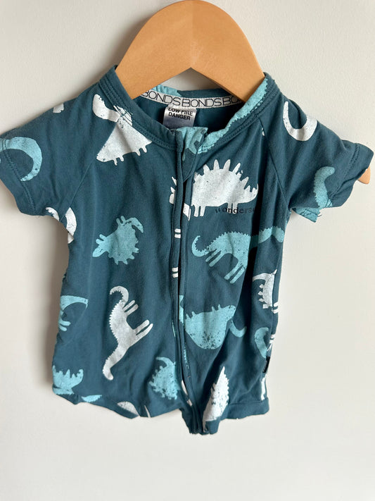 Bonds Short Sleeve Dino Tie Blue Romper / 3-6m