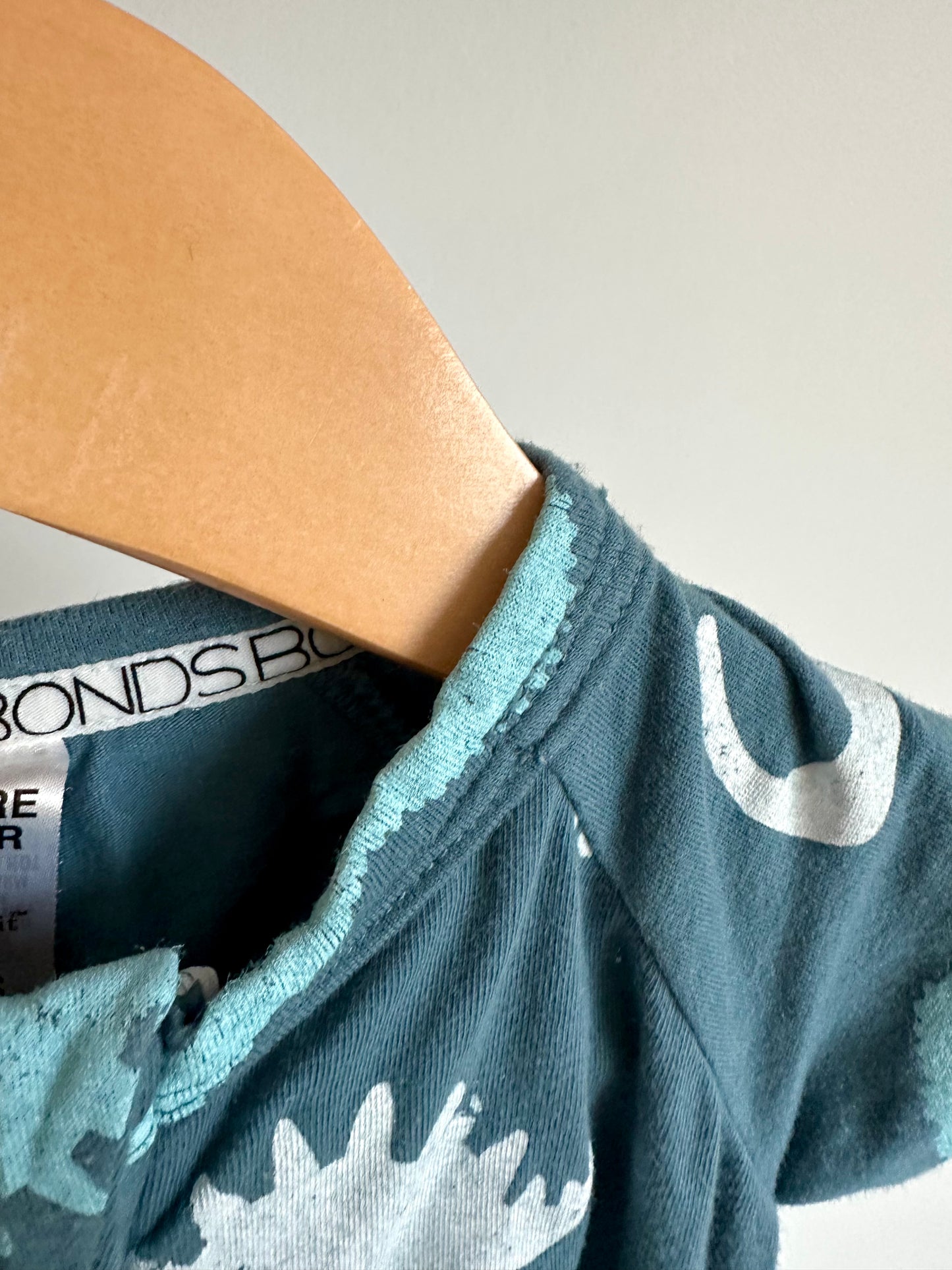 Bonds Short Sleeve Dino Tie Blue Romper / 3-6m