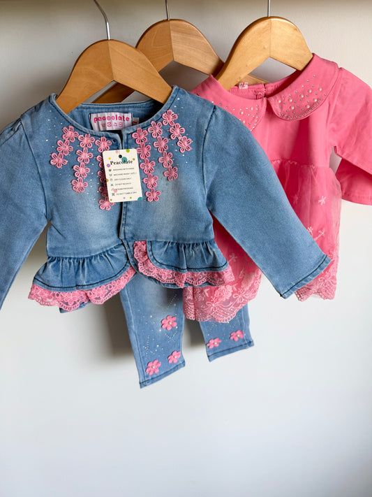 Denim Lace Pink Floral Top, Jacket, Pants Set (With tags) / 6-12m