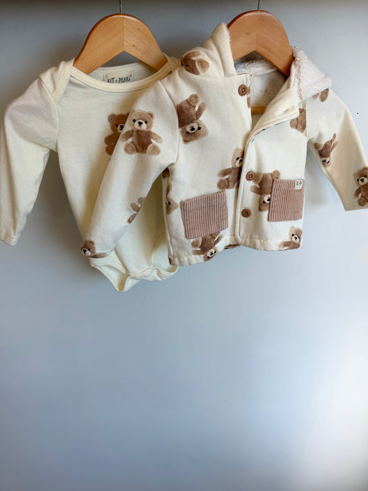 Brown Teddy Button Up Sweater + Bodysuit Set / 12m