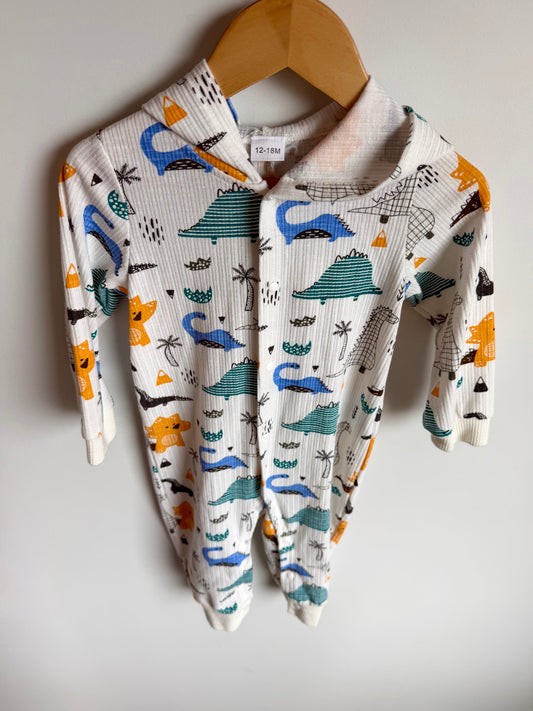 Hooded Ribbed Dino Jumpsuit / 12-18m
