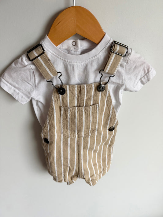 Tan Vertical Stripe Short Overalls + T-shirt Set / 3-6m