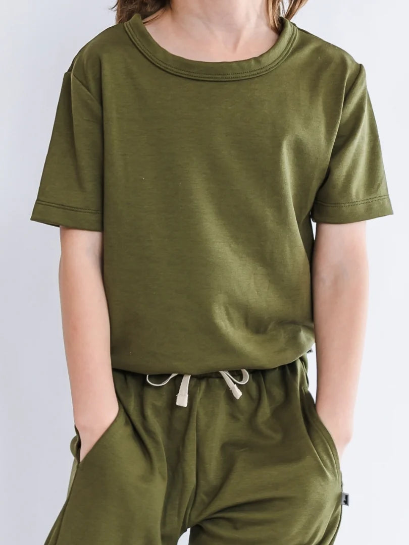 Little & Lively bamboo olive t-shirt. Ethically made in Canada. 8 years old, 9 years old. 
