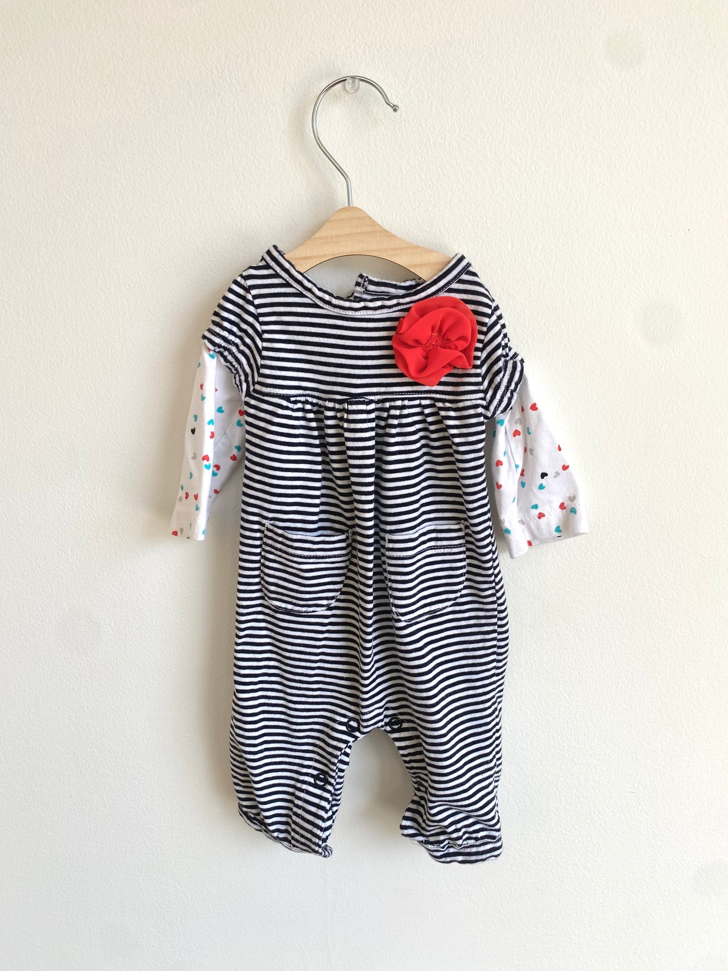 Striped Jumpsuit with Red Flower / 0-3m